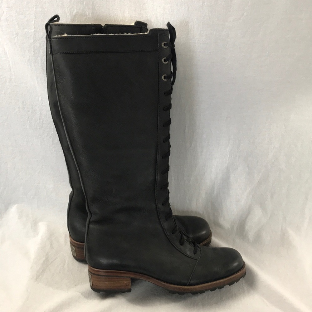 UGG Brock Tall Boots Black Leather Shearling Lace-Up Womens US 7 EU 38